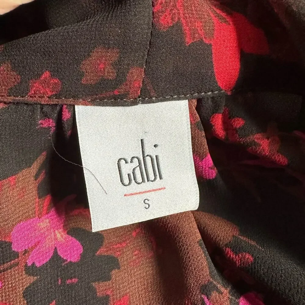 CAbi Candlelight Black Pink Floral Sheer Neck Tie Top Blouse Modest Dark Goth - Picture 2 of 6